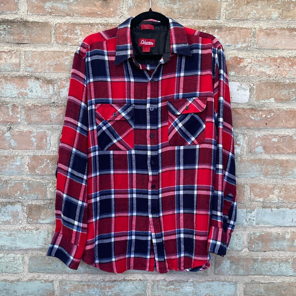 Vintage Flannel Shirt 90s Coleman Mens L Red Blue Plaid Button Front Grunge